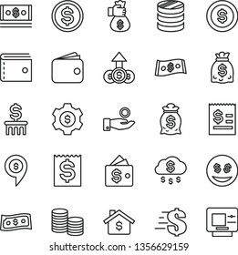 thin line vector icon set - purse vector, dollar, coins, column of, article on the, financial item, catch a coin, wallet, dollars, cash, money bag hand, rain, mortgage, gear, eyes, growth, pin, atm