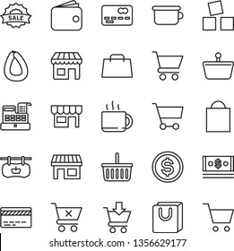 thin line vector icon set - paper bag vector, grocery basket, bank card, children's potty, cubes for children, cart, put in, crossed, with handles, kiosk, stick of sausage, cup tea, stall, shopping