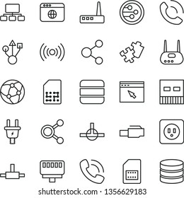 thin line vector icon set - Puzzle vector, power socket type b, phone call, electric plug, SIM card, connection, connections, scheme, usb, router, network, browser, connect, lan connector, wireless
