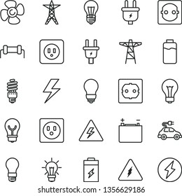 thin line vector icon set - lightning vector, danger of electricity, matte light bulb, power socket type b, f, fan screw, charge level, charging battery, accumulator, line, pole, plug, electric, car