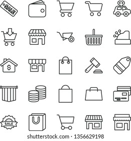 thin line vector icon set - paper bag vector, grocery basket, hammer of a judge, motor vehicle present, building trolley, cart, put in, with handles, cards, kiosk, coins, label, stall, shopping