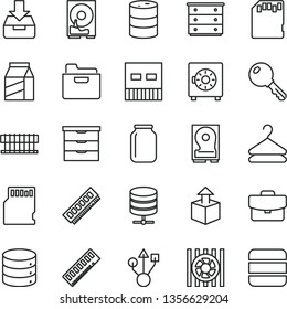 thin line vector icon set - storage unit vector, chest of drawers, key, big data, server, folder, suitcase, put in a box, strongbox, package, hanger, unpacking, barrel, jar, radiator fan, memory