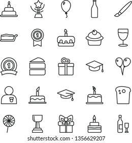 thin line vector icon set - tassel vector, colored air balloons, balloon, cake, birthday, gift, square academic hat, Easter, muffin, piece of, slice, torte, lollipop, glass, bottle, gold cup, star