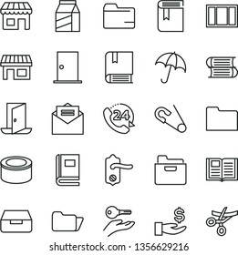 thin line vector icon set - folder vector, book, open pin, e, books, window frame, door knob, ntrance, received letter, umbrella, drawer, 24, package, canned goods, kiosk, stall, get a wage, exit