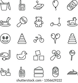 thin line vector icon set - beanbag vector, baby rattle, duckling, stacking rings, toy, roly poly doll, tumbler, phone, mobile, sand set, children's, small teddy bear, yule, rocking horse, balloon