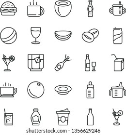 thin line vector icon set - mug for feeding vector, measuring cup, bottle, bath ball, packing of juice with a straw, coffee, burger, plate milk, beans, tea, coffe to go, glass soda, cocktail, can