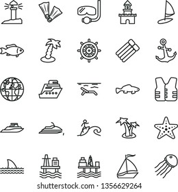 thin line vector icon set - anchor vector, small fish, sea port, commercial seaport, coastal lighthouse, planet, sand castle, sail boat, beach, palm tree, starfish, flippers, diving mask, surfing