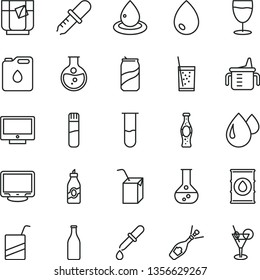 thin line vector icon set - measuring cup for feeding vector, e, packing of juice with a straw, drop, screen, glass soda, tea, can, bottle, liquor, round flask, oil, canister, monitor, test tube