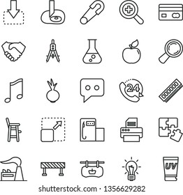 thin line vector icon set - zoom vector, safety pin, a chair for feeding child, Puzzles, road fence, music, 24, expand picture, move down, beet, apricot, modern gas station, factory, magnifier, bulb