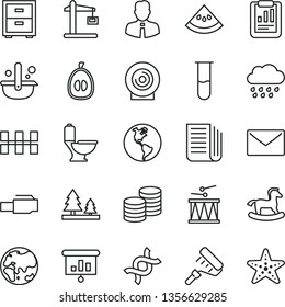 thin line vector icon set - bedside table vector, rainy cloud, small rocking horse, drumroll, paint roller, toilet, ceramic tiles, employee, envelope, coins, lens, half loquat, slice of water melon