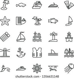 thin line vector icon set - anchor vector, small fish, sea port, commercial seaport, lighthouse, coastal, sand castle, sail boat, hotel, beach, palm tree, starfish, flippers, surfing, handwheel
