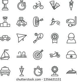 thin line vector icon set - stopwatch vector, motor vehicle, present, warm hat, car, racer, flame torch, winner podium, cup, gold, pennant, target, purpose, medal with, sail boat, hang glider, bike