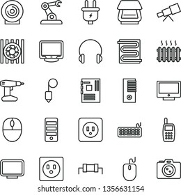 thin line vector icon set - drill vector, power socket type b, plummet, heating coil, headphones, screen, lens, plug, assembly robot, cast iron radiator, mobile phone, fan, mouse, keyboard, pc tower