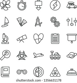 thin line vector icon set - microscope vector, telescope, glasses, nuclear, gears, settings, book, biohazard, clipboard, drawing compass, artifical insimination, earth core, saturn, lunar rover