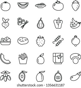 thin line vector icon set - slices of onion vector, lettuce in a plate, meat on skewers, piece, tomato, peper, French fries, sushi set, glass tea, raspberry, medlar, blackberry, slice melon, loquat