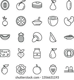 thin line vector icon set - piece of cheese vector, slices onion, porcini, a bowl buckwheat porridge, beet, garlic, jar jam, strawberry, pear, pancakes, ripe peach, squash, quince, half melon, guava