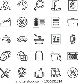 thin line vector icon set - measuring cup for feeding vector, motor vehicle, children's sand set, plates and spoons, baby toy train, garden trolley, small tools, city block, star gear, map, globe