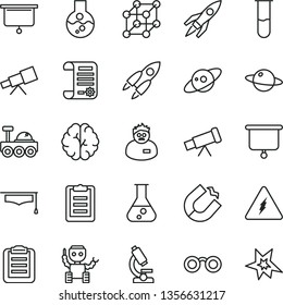 thin line vector icon set - planet vector, horseshoe magnet, research article, flask, test tube, microscope, telescope, electricity, glasses, brain, scientist, graduate hat, clipboard, robot, saturn