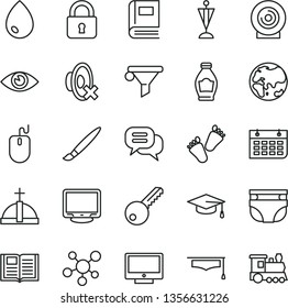 thin line vector icon set - tassel vector, silent mode, nappy, children's tracks, key, lock, eye, book, drop, screen, lens, bottle, planet, water filter, wall calendar, mouse, monitor, molecule