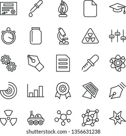 thin line vector icon set - jar vector, file, microscope, molecule, atom, nuclear, gears, settings, pipette, flame, graduate hat, growth graph, radar, medal, sun panel, lunar rover, stopwatch, bang