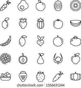 thin line vector icon set - lettuce in a plate vector, tomato, carrot, fried egg, strawberry, pear, red apple, blackberry, melon, tangerine, half cherry, lemon, of kiwi, sour lime, delicious, slice