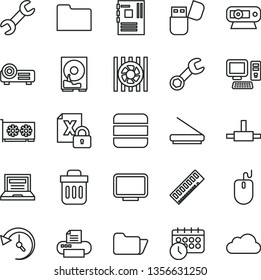 thin line vector icon set - laptop vector, computer, radiator fan, encrypting, mouse, motherboard, memory, gpu card, monitor, web camera, hdd, printer, scanner, usb flash, folder, connect, trash bin