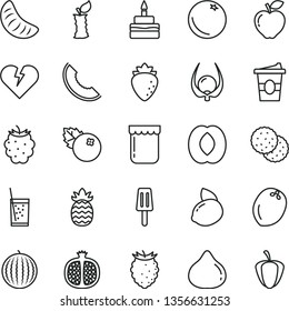 thin line vector icon set - broken heart vector, birthday cake, coffe to go, a glass of soda, popsicle, jam, blueberries, biscuit, orange, half pomegranate, red apple, raspberry, fig, blackberry