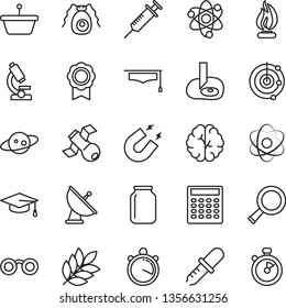 thin line vector icon set - jar vector, pan, microscope, atom, glasses, zoom, brain, satellite, bactery, pipette, magnet, flame, graduate hat, calculator, artifical insimination, radar, medal