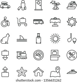 thin line vector icon set - train vector, car baggage, bus, passenger, rolling suitcase, scanner, getting, boungalow, sun, palm tree, medical room, cafe, restaurant, starfish, disabled, pets, map