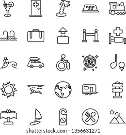thin line vector icon set - earth vector, train, car baggage, camper, taxi, rope barrier, suitcase, beach, sun, palm tree, cocktail, disco ball, pool, hospital bed, medical room, cafe, restaurant