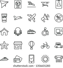 thin line vector icon set - plane vector, train, car baggage, air balloon, hang glider, bike, identity card, passport, phone registration, arrival, atm, credit, boungalow, beach, sun, uv cream, cafe