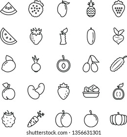 thin line vector icon set - lettuce in a plate vector, beet, strawberry, strawberries, pineapple, orange slice, peach, apple, raspberry, cornels, blackberry, mango, date fruit, tasty plum, of guawa