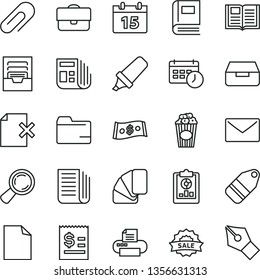 thin line vector icon set - clip vector, clean sheet of paper, folder, archive, sample colour, calendar, envelope, book, drawer, delete page, label, cup popcorn, magnifier, portfolio, morning, sale