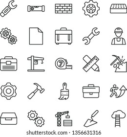 thin line vector icon set - briefcase vector, clean sheet of paper, crane, tower, builder, brickwork, cogwheel, trowel, long meashuring tape, wooden paint brush, portfolio, construction level, brick