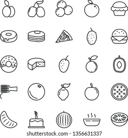 thin line vector icon set - cake vector, cheese, piece of pizza, big burger, noodles, with a hole, glazed, hot porridge, apple, pancakes, orange, quince, blueberry, blueberries, mulberry, tasty