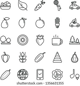 thin line vector icon set - stacking toy vector, lettuce in a plate, cucumber, cup of tea, mint, squash, pear, strawberry, mango, tasty plum, half kiwi, part guava, ripe pepper, carrot, leaf, trees