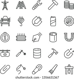thin line vector icon set - safety pin vector, hook, concrete mixer, hand saw, ladder, star gear, hammer, with claw, clip, soda can, barrel, power line, horseshoe magnet, pipes, welding, gas, coins