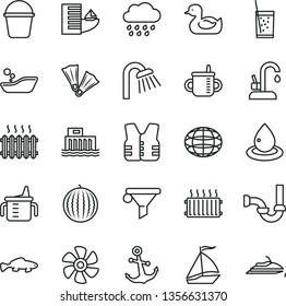 thin line vector icon set - mug for feeding vector, measuring cup, rubber duck, children's bathroom, rainy cloud, bucket, shower, sewerage, kitchen faucet, anchor, small fish, a glass of soda, globe