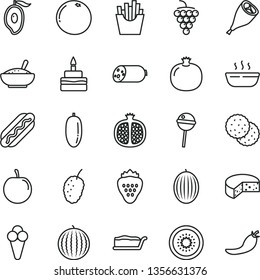 thin line vector icon set - sausage vector, cheese, Hot Dog, cake slice, birthday, a bowl of rice porridge, grill chicken leg, Chupa Chups, French fries, cone, strawberry, biscuit, pomegranate, half