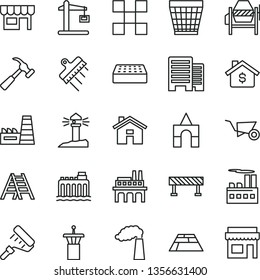 thin line vector icon set - house vector, wicker pot, box of bricks, building trolley, concrete mixer, paint roller, ladder, buildings, tile, brick, spatula, paving slab, road fence, kiosk, mortgage