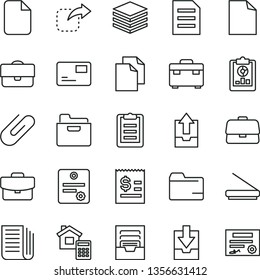 thin line vector icon set - clean sheet of paper vector, folder, archive, upload data, download, suitcase, estimate, pile, pass card, clip, move right, portfolio, briefcase, statistical overview