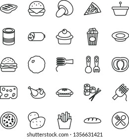 thin line vector icon set - plastic fork spoons vector, sausage, piece of cheese, loaf, tin, pizza, big burger, spaghetti, noodles, porcini, muffin, pie, a plate milk, chicken, chop, cabbage, potato