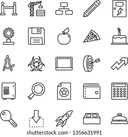 thin line vector icon set - graphite pencil vector, purse, growth up, tower crane, building block, dangers, key, flowchart, cake, move down, piece of pizza, apricot, notebook pc, floppy, zoom, cup