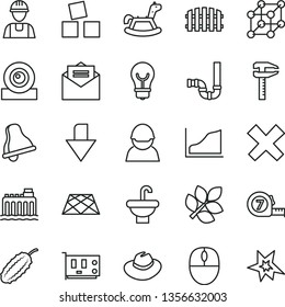 thin line vector icon set - bell vector, downward direction, hat, cross, rocking horse, cubes for children, builder, long meashuring tape, washbasin, siphon, fence, pavement, received letter, bulb