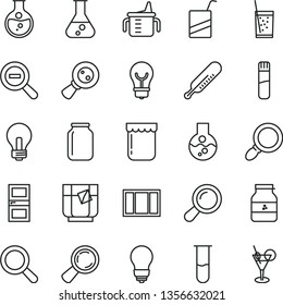 thin line vector icon set - incandescent lamp vector, magnifier, zoom out, measuring cup for feeding, mercury thermometer, e, window frame, bulb, interroom door, a glass of soda, tea, jam, jar