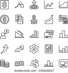 thin line vector icon set - growth up vector, dollar, bar chart, graph, calculation, cards, coins, recession, a crisis, statistical report, financial item, research, arrow, column, gear, atm