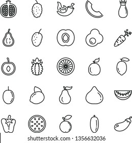 thin line vector icon set - chili vector, peper, fried egg, half apricot, pomegranate, rose hip, fig, blueberry, mulberry, tasty, slice of melon, water, date fruit, cherry, passion, lemon, yellow