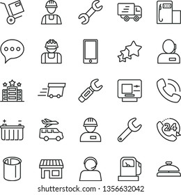 thin line vector icon set - builder vector, workman, speech, smartphone, 24, shipment, gas station, modern, battery, pipes, repair key, steel, stall, dispatcher, operator, phone call, urgent cargo