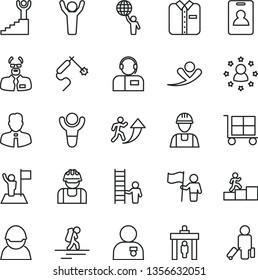 thin line vector icon set - cargo trolley vector, builder, employee, operator, folded shirt, racer, gas welding, scientist, winner, man arrow up, carrer stairway, hold world, hands, with medal, flag