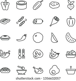 thin line vector icon set - deep plate with a spoon vector, iron fork spoons, sausage, canned goods, pie, apple, lettuce in, chicken, grill leg, chop, meat on skewers, cabbage, piece of, chili, red